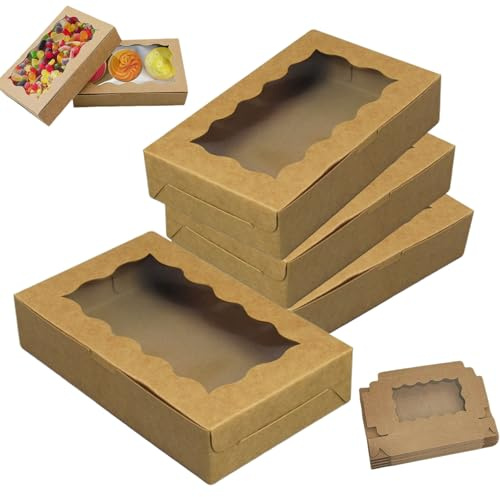 QHSXMQ Pack of 20 Biscuit Boxes with Viewing Window,17.8×11×3.8cm Cupcake Boxes Brown Small Cake Boxes Foldable Cookie Box,Cardboard Gift Boxes for Biscuits Desserts Confectionery Gifts