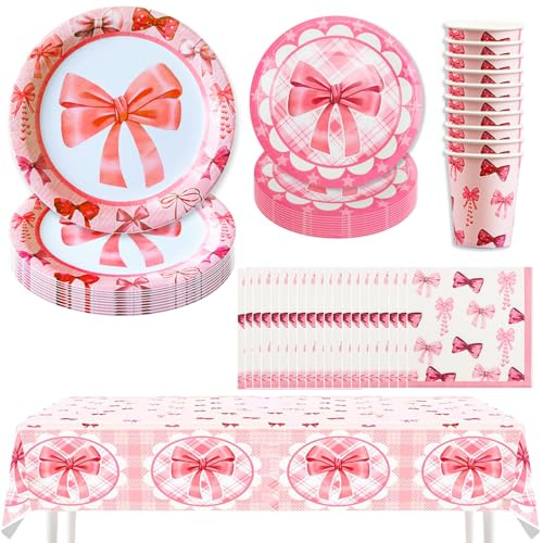 Hmfmdy Rosa Schleife Partygeschirr Set, 51 Stück Party Deko, Geburtstag Geschirr Kit Mit Pappteller Becher Servietten Tischdecke, Party Geschirr Supplies für Verlobung, Mädchen, Babyparty, Hochzeit