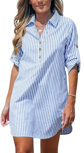 JFAN Vestidos Casual Mujer Elegante Vestido de Camisa Manga Larga con Abotonado Vestido de Blusa de Cuello V a Rayas Verano Azul L