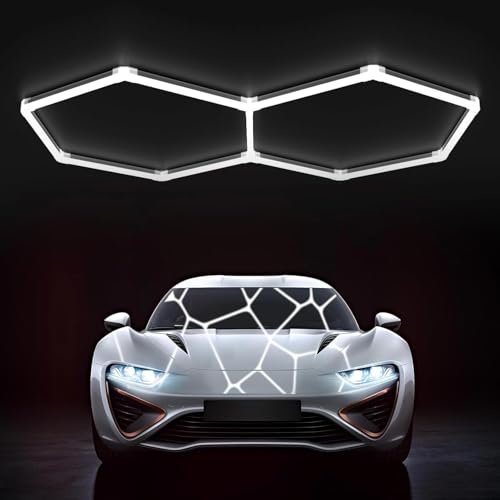 Hexagon Garage Light: Higher Brightness Lumens LED Honeycomb Ceiling Light, 8 Grids Systems 6500K,1.7x1.0m Grid Lighting for Garages, Gym, Car Detailing Shop,Auto Beauty Shop,Shopping malls (2 HEX)