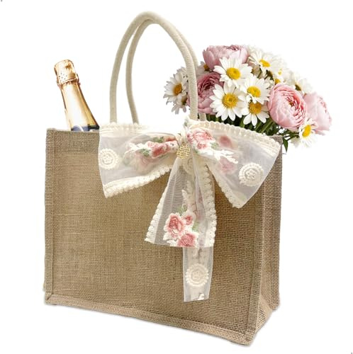 fuxunamz Jute Beutel, Tasche Shopper, Wiederverwendbare Taschen, Jute-Geschenktüten Mit, Tote Bag mit Schleife, Geschenke für Kollegen, Lehrer, Gute Freunde, Mütter und Großmütter