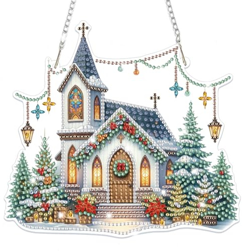 Lxmsja Weihnachten Diamond Painting Anhänger, 5D Diamond Painting Fensterbilder Kirche für Erwachsene Kinder, Weihnachtsgeschenke Bastelset Kreativ Set Ornament Tür Fenster Wand Decor