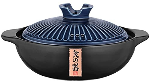 Olla sopera artesanal de cerámica resistente al calor con doble asa para guisos, sopas y fideos, color azul, 1,8 l