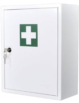 First Aid Products Verbandschrank A – leer (für DIN Füllung geeignet) – Metall, 2 Ablageflächen – Sicherheitsschloss – Weiß – kompakt & wandmontierbar – 37 x 30 x 14 cm