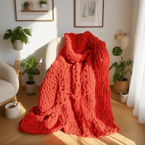 Handmade Chunky Knit Blanket, Cosy Chenille Throw (Throw (50 x 60),Red)
