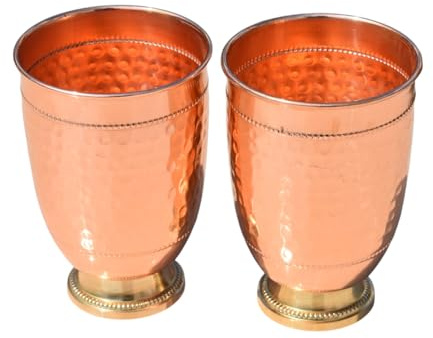 HEALTHANDVEDA™ Pure Copper Cup for Drinking Water - Ayurvedic Health Benifits Pure Copper Tumbler with Brass Stand – 2 pcs. Set - 350 ml.