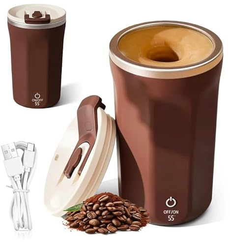 GOEDCH 304 Edelstahl Automatischer Rührbecher 400 ml: Wiederaufladbar Magnetischer Selbstrührende Tasse USB, Tragbare Selbstrührende Tasse für Kaffee/Tee/Heiße Schokolade/Milch (Braun)