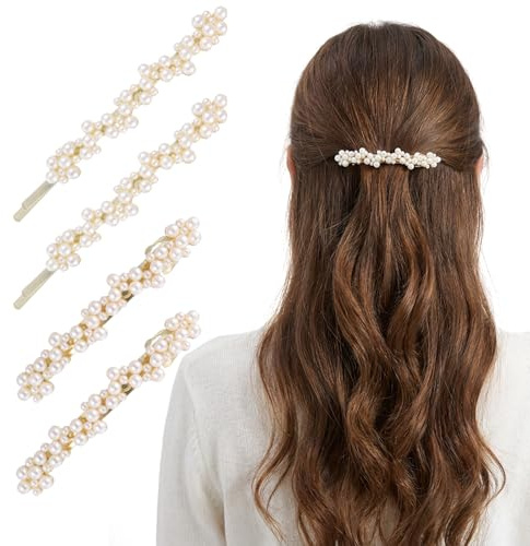 Lot de 4 barrettes à cheveux françaises dorées - Petites pinces à cheveux automatiques - Avec perles - Vintage - Pour femmes et filles - Mariages (deux styles)