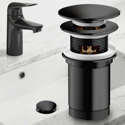 JONKEAN Universal G1¼ Ablaufgarnitur Waschbecken mit Überlauf | Pop Up Ablaufventil für Bad, Messing Herausziehbarer Waschbeckenstöpsel mit Haarsieb, 41 bis 50 mm Abfluss, Schwarz