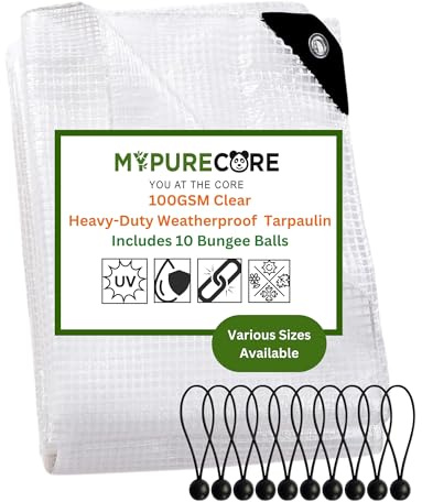 MYPURECORE Clear Weatherproof Tarpaulin 100GSM with 10 Bungee Balls – Heavy Duty Weatherproof Tarpaulin with Reinforced Edges & Eyelets – Transparent Tarp for Garden & Outdoor Use (3m x 3m)
