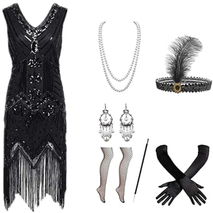 20er Jahre Kostüm Damen, Flapper Kleid Elegantes Vintage Outfit mit Federboa Kopfschmuck Perlenkette Komplettes Art Deco Verkleidungsset für Karneval, Mottoparty