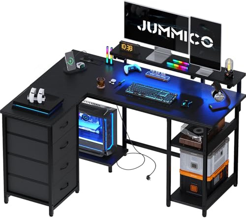 JUMMICO 135cm Mesa en Forma L con Luces LED, Escritorio de Esquina Ordenador para Home Office, Mesa Gaming con Estantes de Almacenamiento, Esquina Reversible y Estructura Estable, Negro Carbón