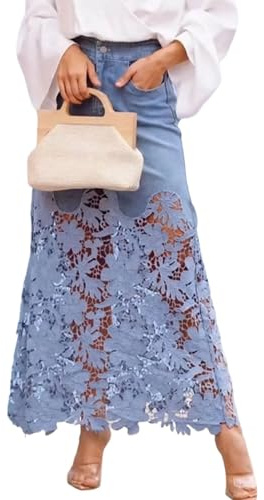 Gonna Midi da Donna alla Moda con Rifiniture in Pizzo e Patchwork, Gonna Lunga in Denim Stampato a Vita Alta Stile Bohemien, Outfit da Festa con Tasche (Blu,L)