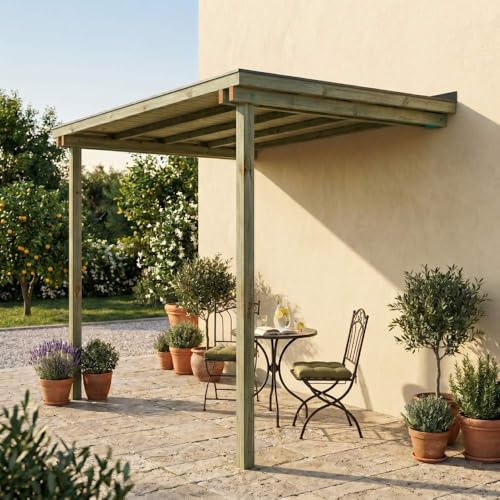 Sunwood Pergola Addossata in Legno Lamellare 240x300 cm - Tettoia da Giardino Impregnata in Autoclave Classe 4, Copertura con Perlinato e Guaina Ardesiata