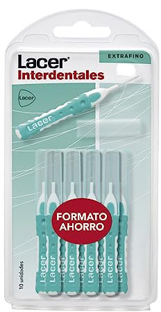 LACER - Cepillo Interdental Recto Extrafino Pack 10 Unidades, Mango Bimaterial y Antideslizante, Cuello Flexible, Máxima Eficacia, Filamentos Tynex, Previene y Elimina la Placa Bacteriana