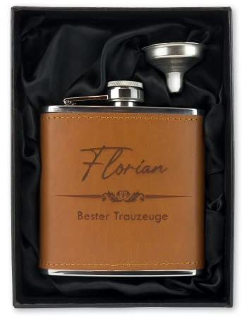 Personalisierter Flachmann in Ledereinfassung inklusive Trichter und Geschenkbox Flachmann mit Gravur (Hellbraun)