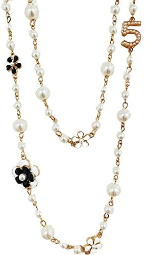 CZZSiug Perla imitazione Neckalce Camelia perline rosa fiore lungo doppio strato moda maglione catena ciondolo Neckalce Compleanno Natale festa gioielli regalo per le donne ragazze