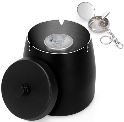 Yurblax Aschenbecher mit Deckel [Größere - 10 * 9 * 10 cm] Windaschenbecher für Draußen aus Edelstahl, Ashtray Geruchsdicht mit Taschenaschenbecher, für Garten, Büro, Zuhause, Schwarz