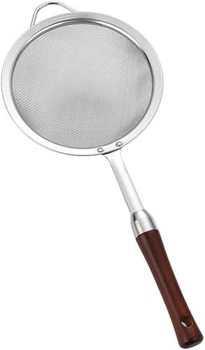 Passoire de cuisine en acier inoxydable, passoire, tamis à mailles et passoires Cuillère à écumoire en acier inoxydable à long manche avec large design d'oreille de repos avec poignée robuste de coule