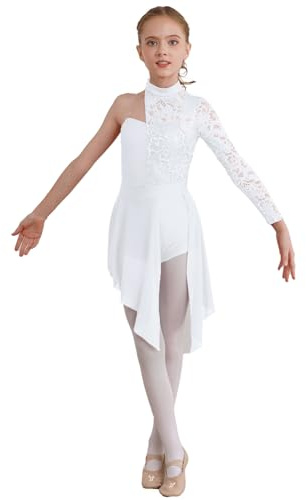 CHICTRY Enfant Fille Robe Danse Classique Ballet Dentelle Asymétrique Une Manche Robe Danse de Salon Rumba Samba Salsa Latine Jazz sans Manche 6-16 Ans B Blanc 12 Ans