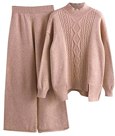 YCBMINGCAN Damen Strickset Herbst und Winter Strickanzug Stehkragen Pullover Lange Hosen Lose Zweiteiler Skianzug Damen Set (A-Pink, One Size)