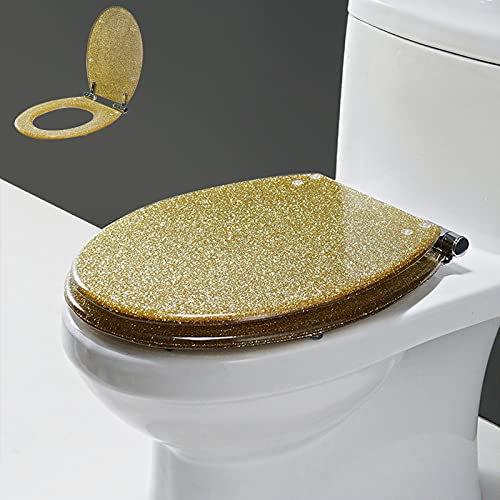 Glitzernder Toilettensitz aus Harz, länglicher Toilettensitz, verdickter Toilettensitz, langsam schließender Toilettendeckel im Badezimmer, leicht zu reinigen und zu installieren (Gold, SIL
