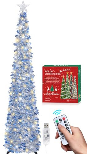 HMASYO Albero di Natale Artificiale a Paillettes 180cm con 100 Luci a LED Timer e Telecomando, Montaggio Istantaneo, Alimentazione USB - Decorazione per Interni Casa, Appartamento, Veranda, Feste