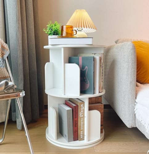 Heehee Libreria girevole in legno massello a 360 gradi, scaffale a pavimento per bambini e adulti, organizer multifunzionale per libreria (2 piani - bianco)
