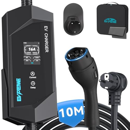 EVPEIWE Typ 2 EV Ladekabel Schuko [3.6KW, 16A, 10M] EV Ladegerät Typ 2 Tragbares EV Charger mit LCD-Bildschirm, Mobiler Ladestation/Wallbox Einstellbarer Strom 6-16A für Elektroautos IEC 62196-2, IP65