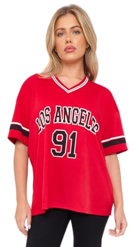 RAIS Dam överdimensionerad LA 91 Varsity fotboll t-shirt sport jersey topp Los Angeles 91 – hängande axel kortärmad, Röd, S/M