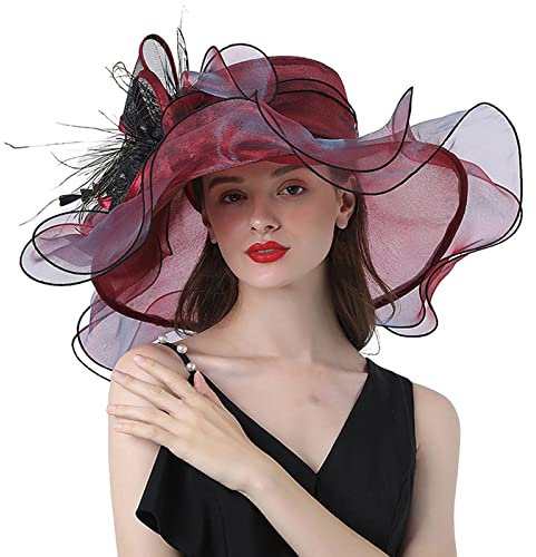 SRZYMJ Rot Damenhut Organza Hut Hochzeit Anlasshut Brauthut Sonnenhut Blumen eleganter Sommerhut Sonnenschutz Strandhut Strohhüte Weinrot Sonnenhut Damen Zierband Fischerhut Für Fotografie Sommerhut