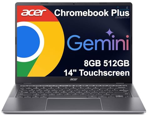 Acer Chromebook Plus 514 Laptop (14 FHD+ Touchscreen, Intel 8-Core i3-N355, 8GB RAM, 512GB SSD) Education, K12, Students & Business, 1080p Webcam, Backlit KB, Lightweight, Google AI, Chrome OS