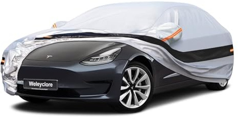 Weleyclore Car Covers for Outside Storage Custom Fit For Tesla Model 3 Saloon, Outdoor Car Cover 100% Waterproof Breathable Sun Rain Dust UV Protection With Cotton. Silver