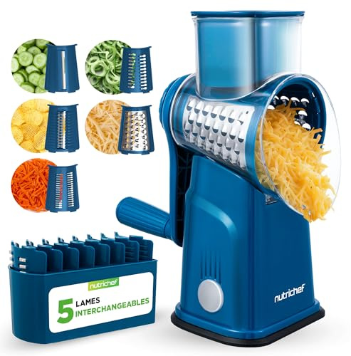 NutriChef 5 in 1 Cheese Grater & Shredder | 5 Different Blades for Thin, Thick, Julienne Strips, Wavy, & Straight Strips | Includes Hand Crank, Strong Suction Base & Storage Container | Blue