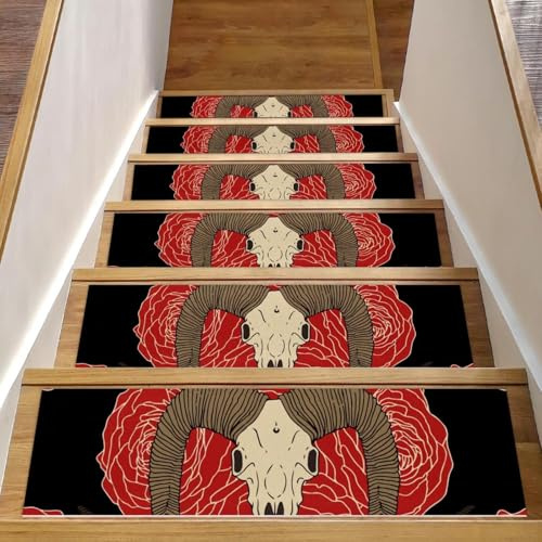 Eslifey Peldaños de escalera de cabra con diseño de calavera y flores para escalones de madera, paquete de 15 unidades, 30 x 8 pulgadas, antideslizantes, para interiores, para perros, niños, ancianos