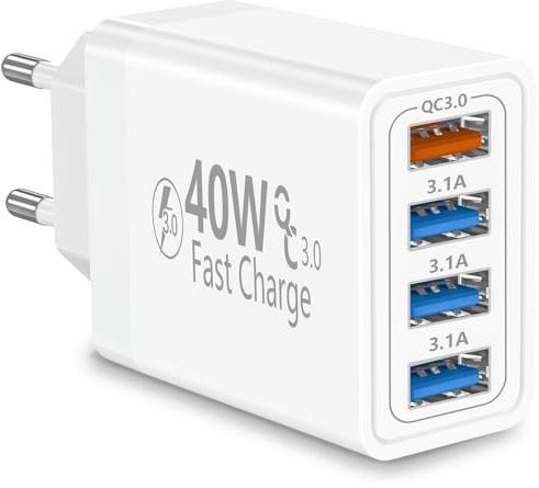 Rombica USB Ladegerät, 40W 4-Ports Schnellladegerät USB-A Netzteil Stecker | 4USB Mehrfach Ladegerät Power Adapter Fast Charger für iPhone 17 17 Pro Max 16 16 Pro 15 14 13 12 11, iPad, Samsung, Handys