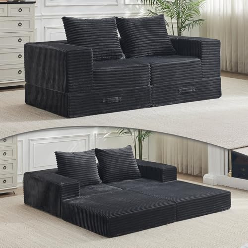 Vamcheer 2-Sitzer Schlafsofa Ausziehbar 180cm Grau | Vollschaum-Füllung, weicher Flanellbezug, inklusive 2 Kissen, OEKO-TEX zertifiziert, für Wohnzimmer und Gäste