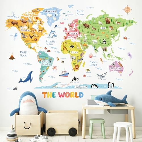 SHUCHING Große Wandtattoo Weltkartes für Schulanfang | Wandsticker Weltkarte Tiere für Kinder Junge Kinderzimmer Klassenzimmer