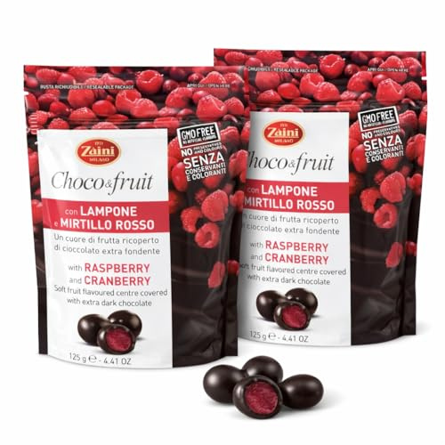Sfere al Cioccolato Fondente con Ripieno Lampone e Mirtillo Rosso Zaini Choco & Fruit – Confezione 2 Buste da 125g (250g) – Praline con Cuore di Frutta – Snack Senza Conservanti