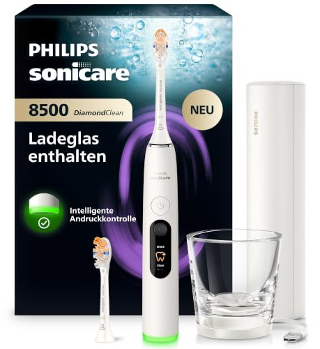 Philips Sonicare Next-Generation DiamondClean 8500 elektrische Zahnbürste – mit intelligenter Andruckkontrolle und 18 Einstellungen, Pulverweiß, HX8514/11