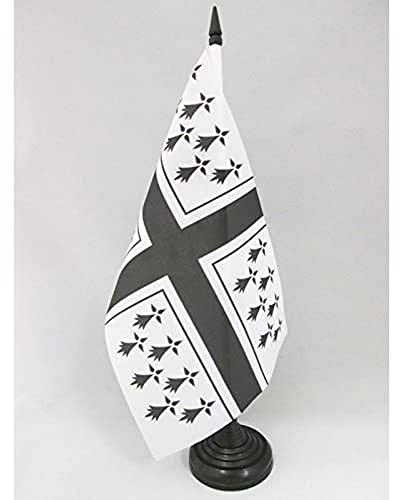 AZ FLAG Drapeau de Table Bretagne marine 21x14 cm Socle Plastique | Usage intérieur Drapeau de bureau breton finition cousue et bords renforcés avec mât en plastique et socle en plastique