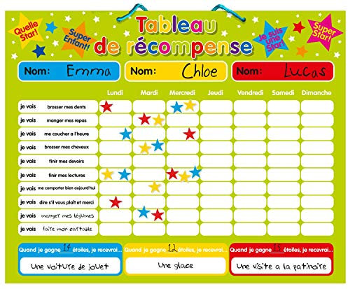 Magnetische Sternenkarte/Belohnungstafel für bis zu drei Kinder in französischer Sprache. Feste Platte, 40 x 30 cm, mit Aufhängeöse