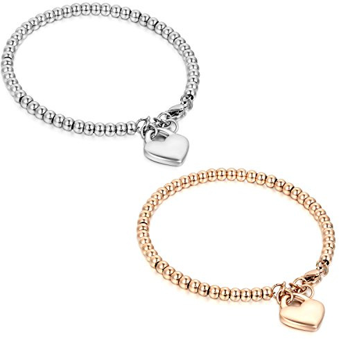 Flongo BFF Armband Armkette Freundschaftsketten Partnerarmbänder, 2 Stück Edelstahl Armreifen Silber Rose Gold Kugel Kette Perle Perlen Glückliche Katze Kätzchen Herz Herren,Damen Set