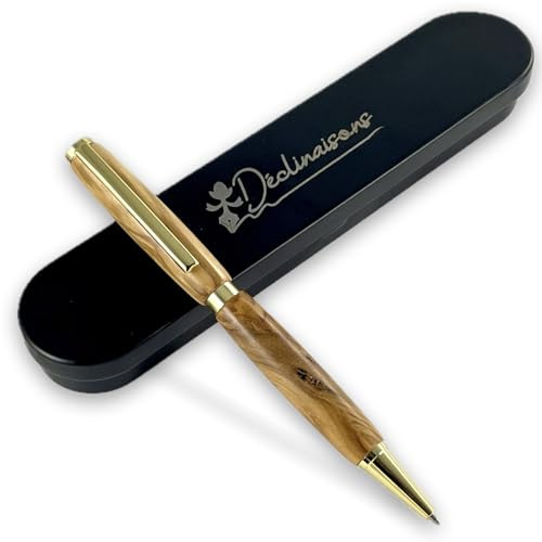 Déclinaisons – Stylo bille artisanal bois d'Olivier fait main en France – Gravure personnalisable – Coffret métal – Cadeau Noël Mariage Anniversaire Fête