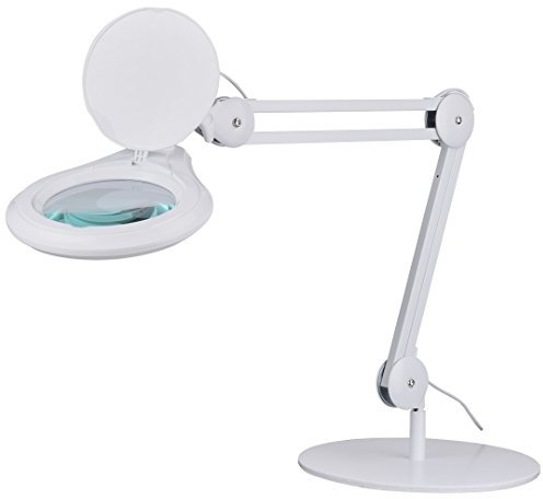 semplix – Lámpara de mesa LED, 60 ledes, color blanco, grandes EchtGlas Lupa (Diámetro de 127 mm, 3 dioptrías), lámpara de mesa con Flexible ajustable Brazo, 4 capas DIMM Bar,