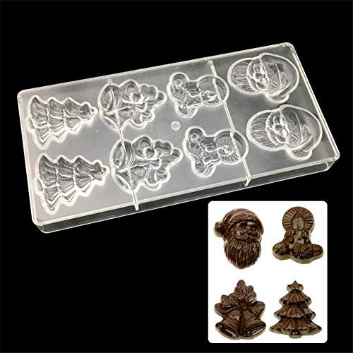 VAK Schokoladenform aus Polykarbonat, Weihnachtsbaum-, Glocken- und Weihnachtsmannform, Kunststoff-Backform, Schokoladenform, Eisform, Kuchen- und Puddingform, Gebäck, Dessert, Backblech – 14,5 x 28 x 2,5 cm 8 Cells Christmas Tree Bell Santa Claus Shaped