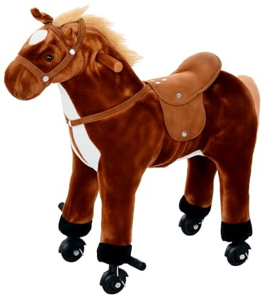 HOMCOM Cavallo a Dondolo per Bambini 2+ Anni con 4 Rotelle e Suoni Realistici, Dondolo per Bambini Imbottito con Poggiapiedi, 65x28x75 cm, Marrone