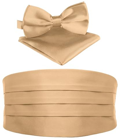 BomGuard Faja de Esmoquin cintura - fajines para hombre cabalerro + pajarita + pañuelos -Set de 3 piezas, champan-oro