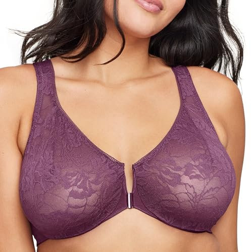 Glamorise Lacey T-Back Front-Closure Wonderwire Underwire Bra 9246 (Women's & Women's Plus) Black Plum