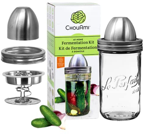 ChouAmi Stainless Steel Fermentation Kit w/Airlock & Weight for Easy Small-Batch Fermenting of Sauerkraut, Kimchi, Pickles ++ Use w/ 1L Le Parfait Wide Mouth Glass Mason Jar & Lid INCLUDED (Kit-1L)